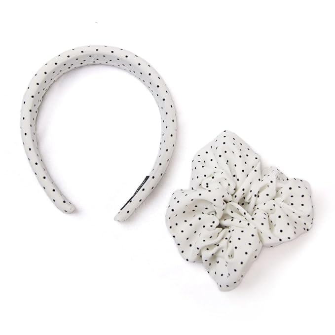 Headband and Scrunchie Set for Women 2Pack Hair Ties for Girls Elastics Bands Ponytail Holder Hair Accessories White Dot