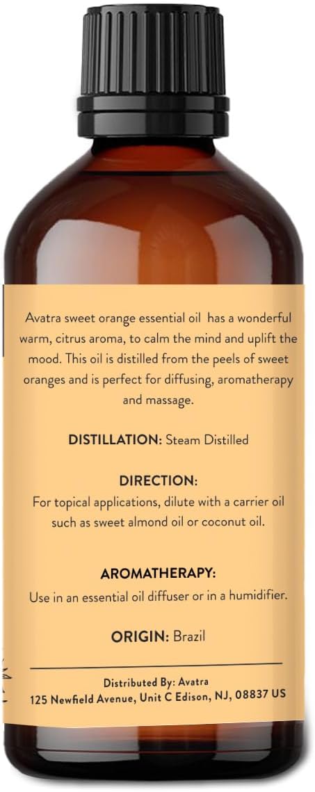 Avatra Brazilian Sweet Orange Essential Oil 100ml (3.38oz) - 100% Pure & Natural Orange Oil with Glass Dropper & Travel Bottle - Premium Essential Oil for Diffuser, Aromatherapy, Massage & DIY Candles