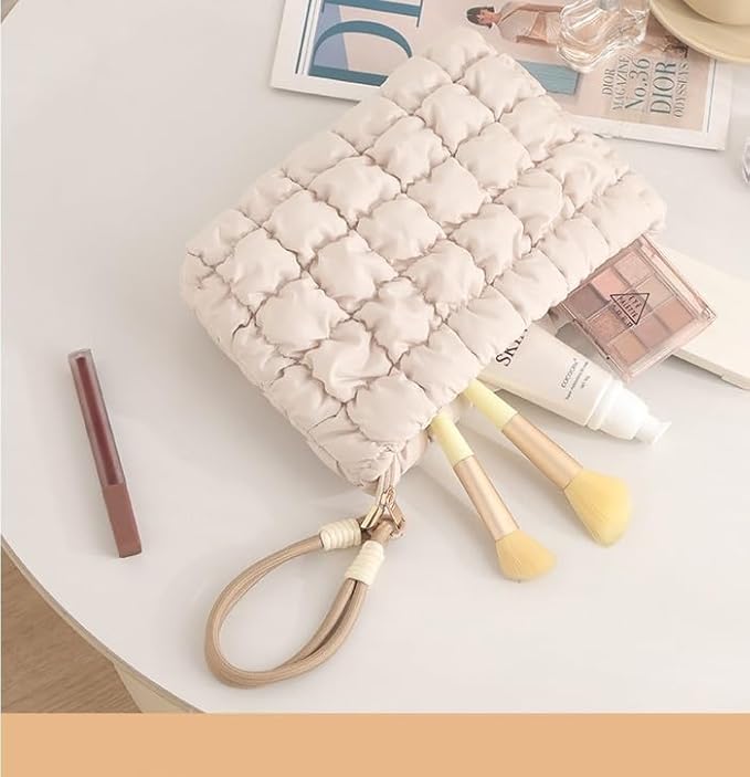 DOB SECHS Puffer Quilted Makeup Bag with Handle Detachable Cute Puffy Cotton Cosmetic Bag, Small Toiletry Zipper Make Up Pouch Purse, Checkered Storage Organizer Clutch Bag, Travel Pouches Case, Blue