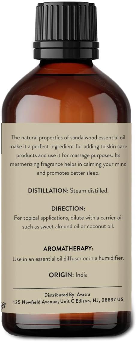 Avatra Sandalwood Essential Oil 100ML (3.38 OZ) with Glass Dropper and Travel Bottle, Pure and Natural Therapeutic Grade Sandalwood Oil for Diffuser, Aromatherapy, Massage, and DIY Candle Products