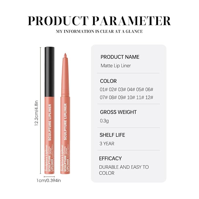 12 Colors Matte Lip Liner Pencil – Long Lasting Waterproof Lip Liner, Smudge Proof Transfer Proof Lip Pencil, High Pigment Lip Makeup for Defining & Filling Lips (10#, 1PCS)