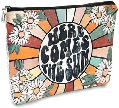 Preppy Makeup Bags for Women,Trendy Retro Daisy Sunshine Makeup Bag Cute Floral Here Comes Summer Boho Inspirational Cosmetic Bag Gift for Teen Girls,Birthday Gifts for Women