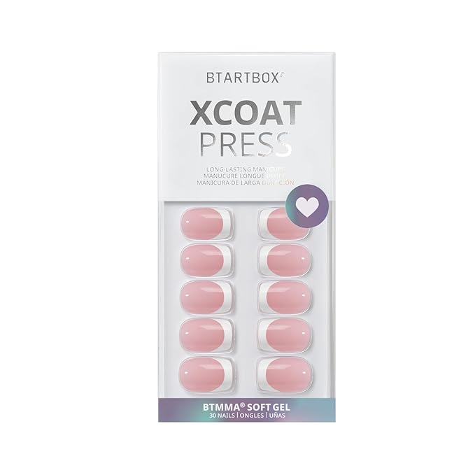 BTArtbox Press On Nails Short - Square French Tip Press On Nails, Fake Nail with Nail Glue, Natural Reusable Stick On Nails in 15 Sizes - 30 Fake Nails Kit, Silken Halo
