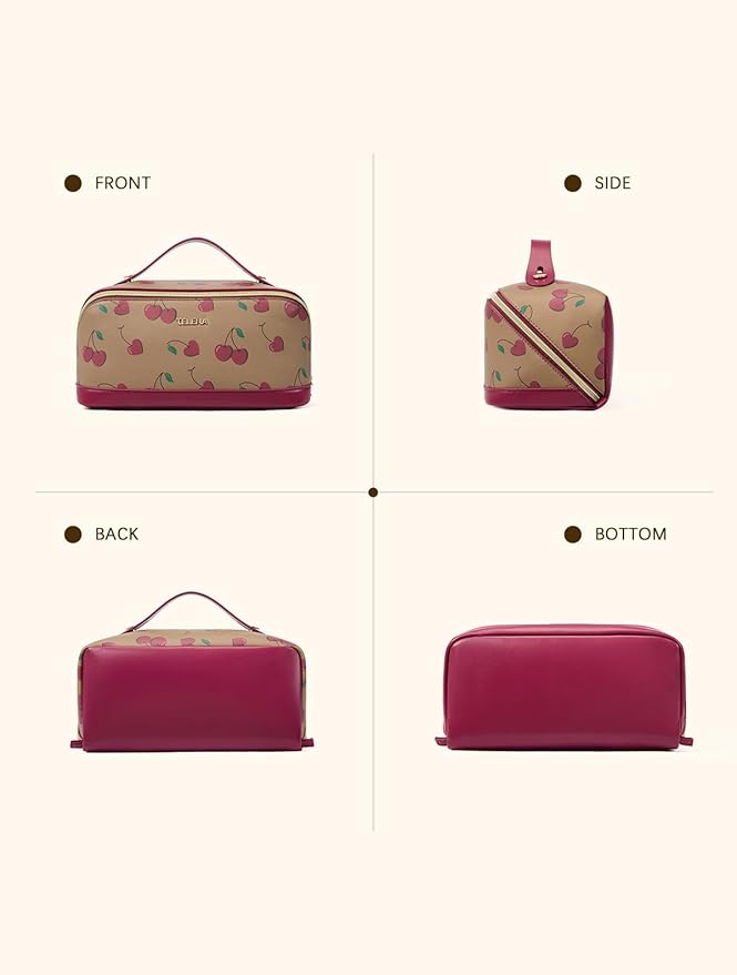 Telena Leather Make Up Bag Portable Travel Makeup Bag Waterproof Cosmetic Bags for Women Large Capacity With Handle and Divider Open Flat