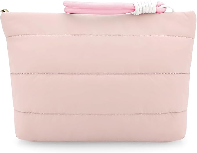DOB SECHS Quilted Makeup Bag with Handle Detachable Cute Puffy Cotton Cosmetic Bags for Women, Small Puffer Toiletry Zipper Make Up Pouch, Quilt Clutch Bag Travel Organizer Storage Pouches Case, Pink