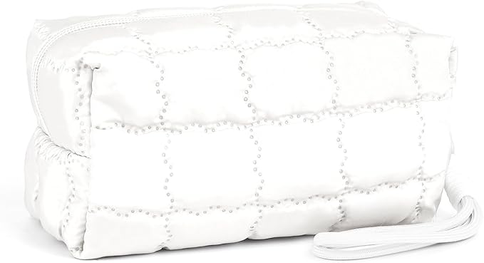 Richeart Makeup Bag Travel Toiletry Bag - Checkered Down Cotton Makeup Pouch for Women with Cosmetic and Pencil, Aesthetic White Design, Small