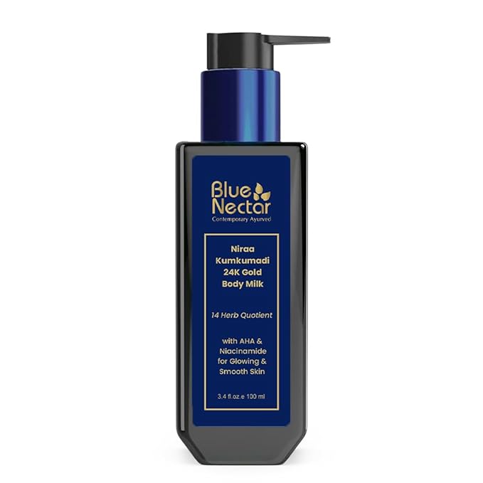 Blue Nectar Gold and Saffron Body Milk for Women & Men | Body Lotion with Plant Based AHA & Niacinamide | Moisturizer for Body | All Skin Types (14 Herbs, 3.38 Fl Oz)