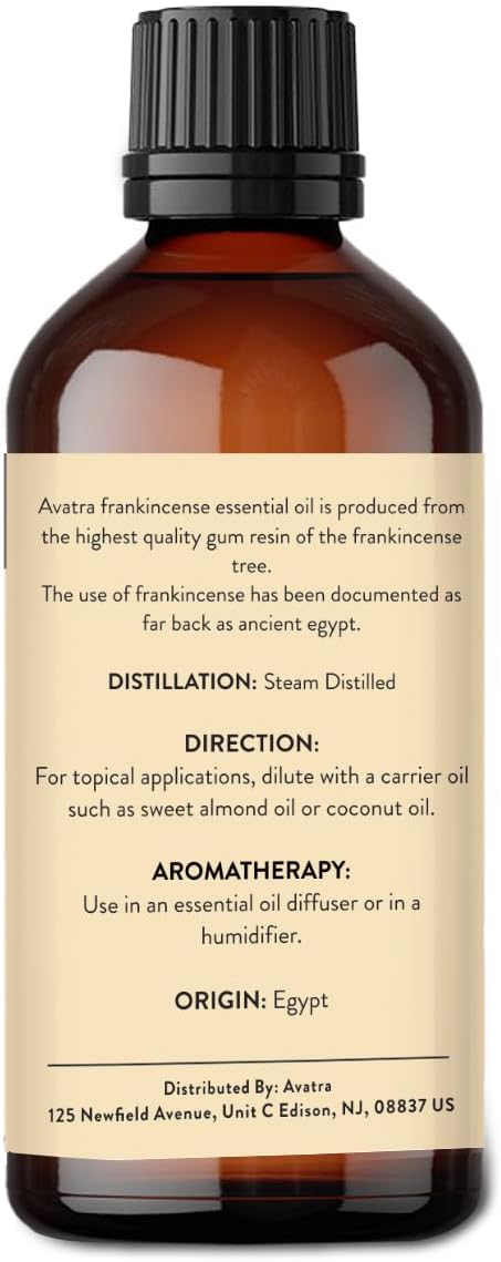 Avatra Frankincense Essential Oil 100ML (3.38 OZ) with Glass Dropper and Travel Bottle, Pure and Natural Therapeutic Grade Frankincense Oil for Diffuser, Aromatherapy, Massage, and DIY Candle Products