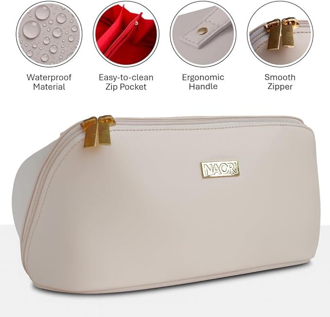 NAORI Travel Makeup Bag for Women | Large Luxury Cosmetic Organizer with Handle & Inner Pockets | Waterproof Leather Toiletry Bag | Makeup Case for Home, Travel & Gifting (Creamy Beige)