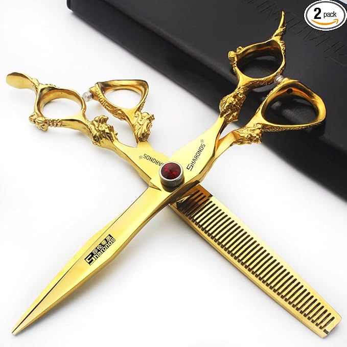 Gold Dragon Professional Hairdressing Scissors - 7 Inch 2-Piece Set, Gold and Black