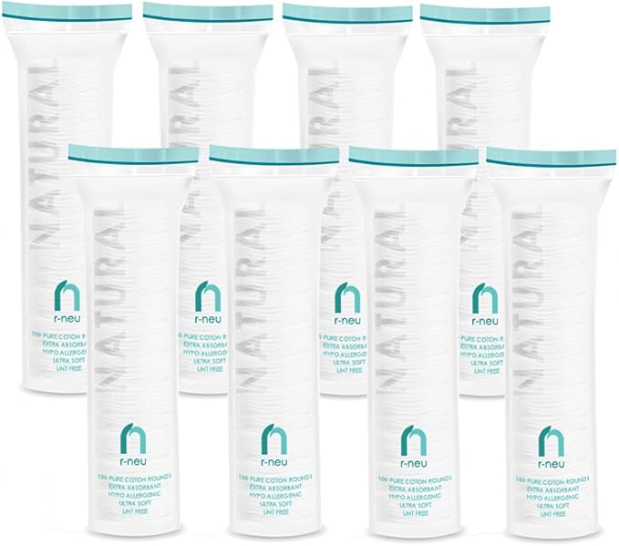 R-Neu Premium [Turkish] Cotton Rounds, 800 Count, Stitched, Waffle Textured, 100% Pure & Natural Cotton Pads for Face, Hypoallergenic Makeup Remover (8 Pack of 100)