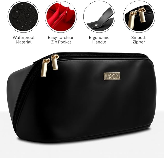 NAORI Travel Makeup Bag for Women | Large Luxury Cosmetic Organizer with Handle & Inner Pockets | Waterproof Leather Toiletry Bag | Makeup Case for Home, Travel & Gifting (Elegant Black)