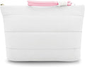 DOB SECHS Quilted Makeup Bag with Handle Detachable Cute Puffy Cotton Cosmetic Bags for Women, Small Puffer Toiletry Zipper Make Up Pouch, Quilt Clutch Bag Travel Organizer Storage Pouches Case, White