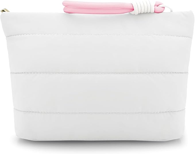 DOB SECHS Quilted Makeup Bag with Handle Detachable Cute Puffy Cotton Cosmetic Bags for Women, Small Puffer Toiletry Zipper Make Up Pouch, Quilt Clutch Bag Travel Organizer Storage Pouches Case, White
