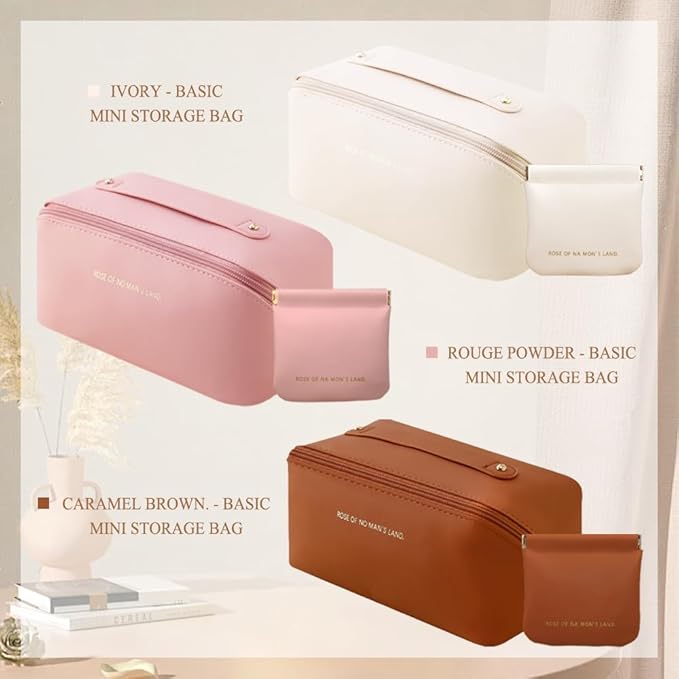 Makeup Bag Cosmetic Bag,Portable Pouch Open Flat Toiletry Bag Make up Organizer with Divider, Handle and small cosmetic bag Travel Essentials (Ivory)