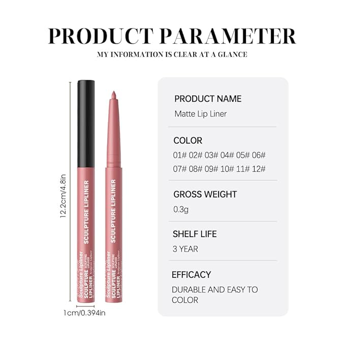 12 Colors Matte Lip Liner Pencil – Long Lasting Waterproof Lip Liner, Smudge Proof Transfer Proof Lip Pencil, High Pigment Lip Makeup for Defining & Filling Lips (03#, 1PCS)