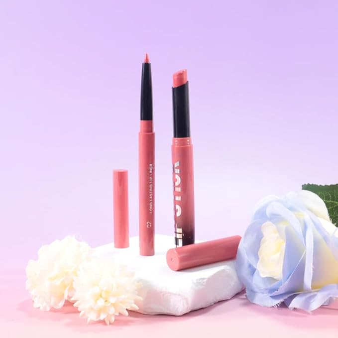 2Pcs 2 in 1 Matte Rose Lip Liner and Lipstick Combo Set for Women,Lipstick Stain Lip Liner for Daily & Party Long Lasting Waterproof Smudge Proof 24 Hour Full Coverage Vegan Lip Makeup Kit