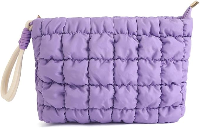 DOB SECHS Puffer Quilted Makeup Bag with Handle Detachable Cute Puffy Cotton Cosmetic Bag, Small Toiletry Zipper Make Up Pouch Purse, Checkered Clutch Bag, Travel Storage Organizer Case, Purple