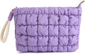 DOB SECHS Puffer Quilted Makeup Bag with Handle Detachable Cute Puffy Cotton Cosmetic Bag, Small Toiletry Zipper Make Up Pouch Purse, Checkered Clutch Bag, Travel Storage Organizer Case, Purple