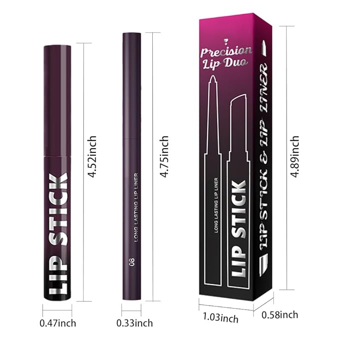 2Pcs 2 in 1 Matte Dark Purple Lip Liner and Lipstick Combo Set for Women,Lipstick Stain Lip Liner for Daily & Party Long Lasting Waterproof Smudge Proof 24 Hour Full Coverage Vegan Lip Makeup Kit