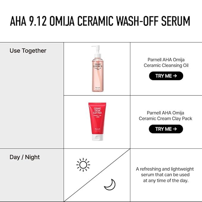 Parnell AHA 9.12% Omija Ceramic Wash-Off Serum | 1-Minute Face Exfoliation for Sebum Control & Smooth Texture | PHA BHA LHA Vitamin C K-Care (1.01 fl oz)