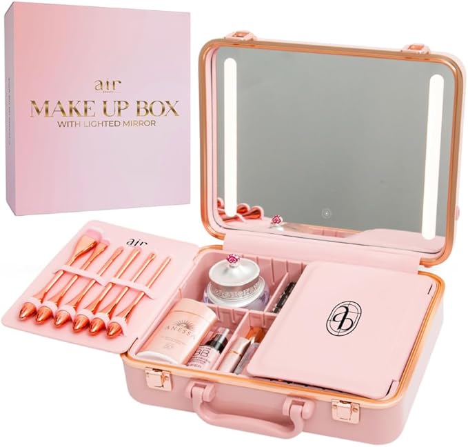 Air Makeup Beauty Box - Makeup Bag with LED Lighted Mirror, Professional Mini/Large Cosmetic Organizer - Portable Vanity & Makeup Case for Travel (Beauty Box, Blush Pink)