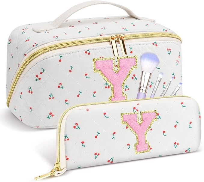 Personalized Travel Makeup Bag Set,Initial Travel Cute Cherry Makeup Organizer Bag,Toiletry Skincare Cosmetic Bag,Christmas Gifts for Women/Girls,Open Flat Toiletry Pouch with Brush Pocket-Y