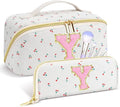 Personalized Travel Makeup Bag Set,Initial Travel Cute Cherry Makeup Organizer Bag,Toiletry Skincare Cosmetic Bag,Christmas Gifts for Women/Girls,Open Flat Toiletry Pouch with Brush Pocket-Y