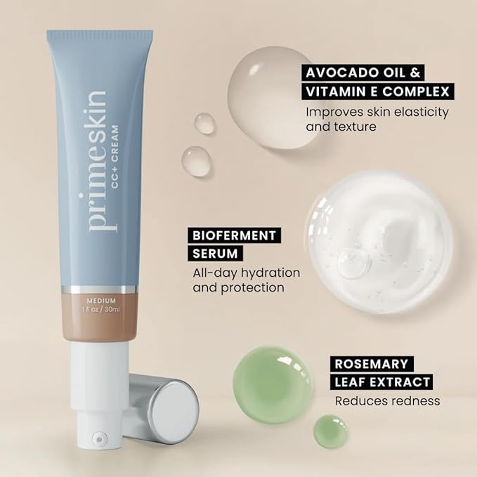 Prime Prometics PrimeSkin CC+ Cream for Mature Women – Lightweight Liquid-to-Powder Foundation – Blurs Pores & Covers Age Spots – Crease-Free, Hydrating & Soft-Matte Finish for Sensitive Skin (Medium)