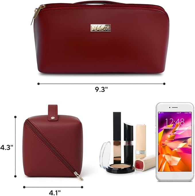 NAORI Travel Makeup Bag for Women | Large Luxury Cosmetic Organizer with Handle & Inner Pockets | Waterproof Leather Toiletry Bag | Makeup Case for Home, Travel & Gifting (Classic Burgundy)