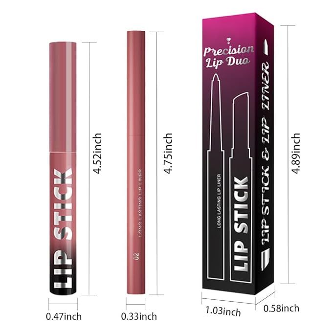 2Pcs 2 in 1 Matte Rose Lip Liner and Lipstick Combo Set for Women,Lipstick Stain Lip Liner for Daily & Party Long Lasting Waterproof Smudge Proof 24 Hour Full Coverage Vegan Lip Makeup Kit