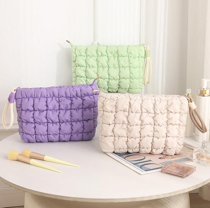 DOB SECHS Puffer Quilted Makeup Bag with Handle Detachable Cute Puffy Cotton Cosmetic Bag, Small Toiletry Zipper Make Up Pouch Purse, Checkered Clutch Bag, Travel Storage Organizer Case, Purple