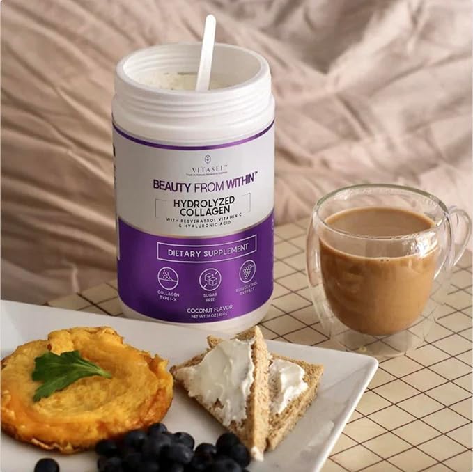 Hydrolyzed Collagen Peptides Powder with Vitamin C & Resveratrol - Hair, Skin and Nails Vitamins for Women & Men - Sugar Free - Coconut Flavored - 16 oz