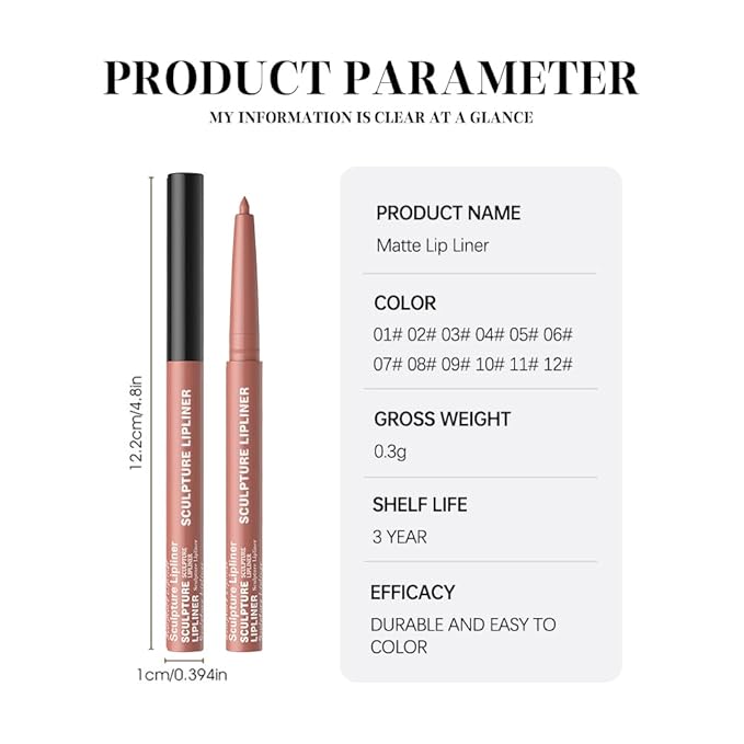 12 Colors Matte Lip Liner Pencil – Long Lasting Waterproof Lip Liner, Smudge Proof Transfer Proof Lip Pencil, High Pigment Lip Makeup for Defining & Filling Lips (02#, 1PCS)