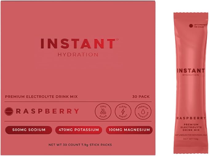 Instant Hydration Electrolytes Powder Packets - Raspberry Electrolyte Drink Mix - Zero Sugar - Keto, Vegan, Gluten-Free, Non-GMO - Boost Recovery, Brain Health, Muscle & Tissue Support- 30 Sticks