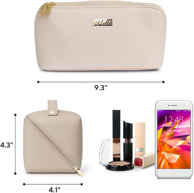 NAORI Travel Makeup Bag for Women | Large Luxury Cosmetic Organizer with Handle & Inner Pockets | Waterproof Leather Toiletry Bag | Makeup Case for Home, Travel & Gifting (Creamy Beige)