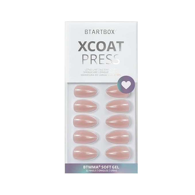 BTArtbox Press On Nails Almond - Short Nude Natural Nails Press Ons, Glue On Nails for Wedding Birthday Gift, Supremely Fit & Glossy Stick On Nails in 15 Sizes - 30 Nail Kit, Nudies
