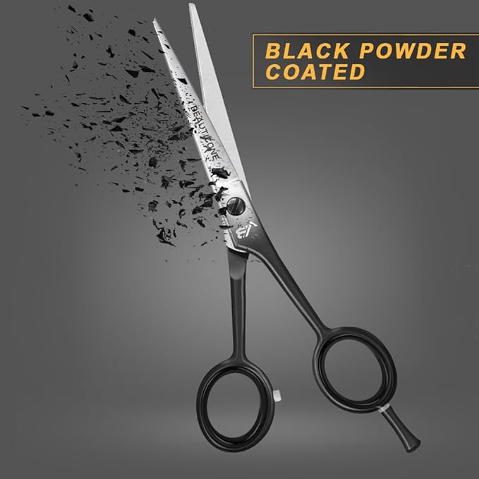 BEAUTICONE ® Hair Cutting Scissors - High Carbon SS 6.5" Professional Barber-Grade Salon Shears with Serrated & Razor Edge - Black Premium Gift Box with Leather Pouch & Extra Accs - Ultra Lightweight