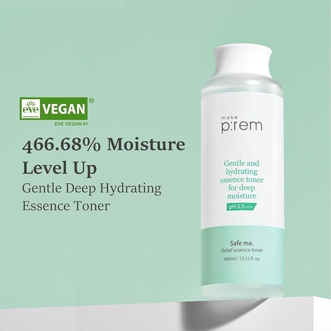 Make P:REM Safe Me. Relief Essence Toner, Quick and Deep Hydrating Face Toner, All Skin Types, 24-Hour Moisturizing, EVE Vegan, Korean Skin Care (13.52 fl oz, 400ml)