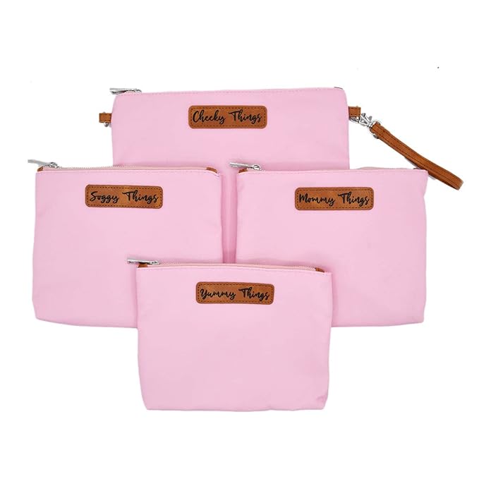 Stylish Diaper Bag Organizing Pouches - XL Set of 4 Pink Canvas Diaper Bag Pouches with Leather Embossed Labels, Leather Wristlet Strap & Durable Metal Zippers