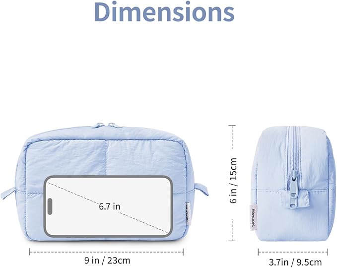 Narwey Puffy Makeup Bag for Travel Women Girl, Quilted Makeup Bag Cosmetic Bag, Cute Puffer Make Up Organizer Bags, Travel Toiletry Bag Toiletries (Blue)
