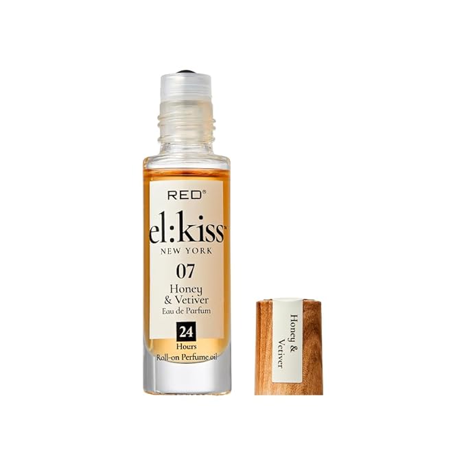 EL:KISS Roll On Perfume, Honey & Vetiver Eau de Parfum 12mL (.40 Fl Oz), Hydrating & Long-Lasting, Alcohol-Free & Mineral Oil-Free, Infused with Jojoba, Argan & Coconut Oil