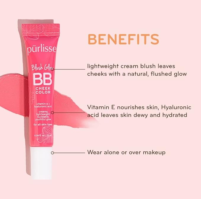 pürlisse Blush Glow BB Cheek Color - Dewy Liquid Blush for Cheeks - Enriched with Vitamin E & Hyaluronic Acid - Creamy, Lightweight & Buildable - Hydrating & Nourishing - Malibu Peach (0.34 Fl oz)