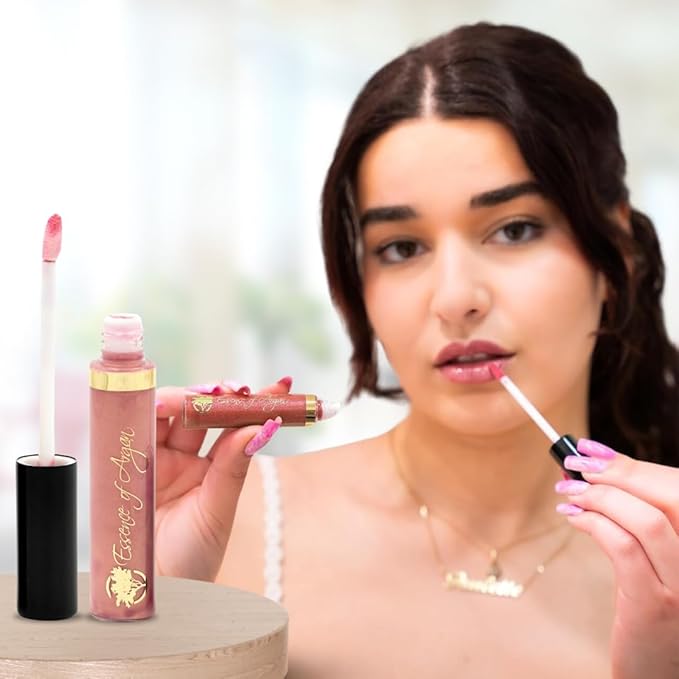 Essence Of Argan Pink Bronze Lip Gloss with Moroccan Argan Oil to Moisturize and Plump your Lips – Lip Care to Eliminate Dryness - Pink Bronze Glossy Finish 0.25oz