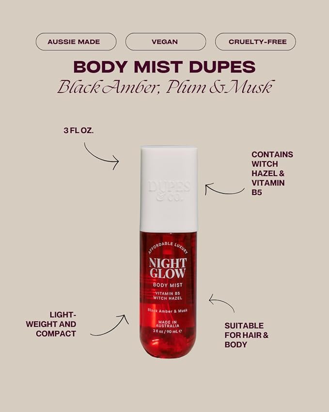 DUPES & CO. Night Glow Hydrating Body Mist for Women – Black Amber & Plum Fragrance with Vitamin B5 & Witch Hazel – Warm, Sensual Scent in a 3 Fl Oz Bottle