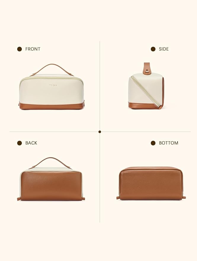 Telena Leather Make Up Bag Portable Travel Makeup Bag Waterproof Cosmetic Bags for Women Large Capacity With Handle and Divider Open Flat