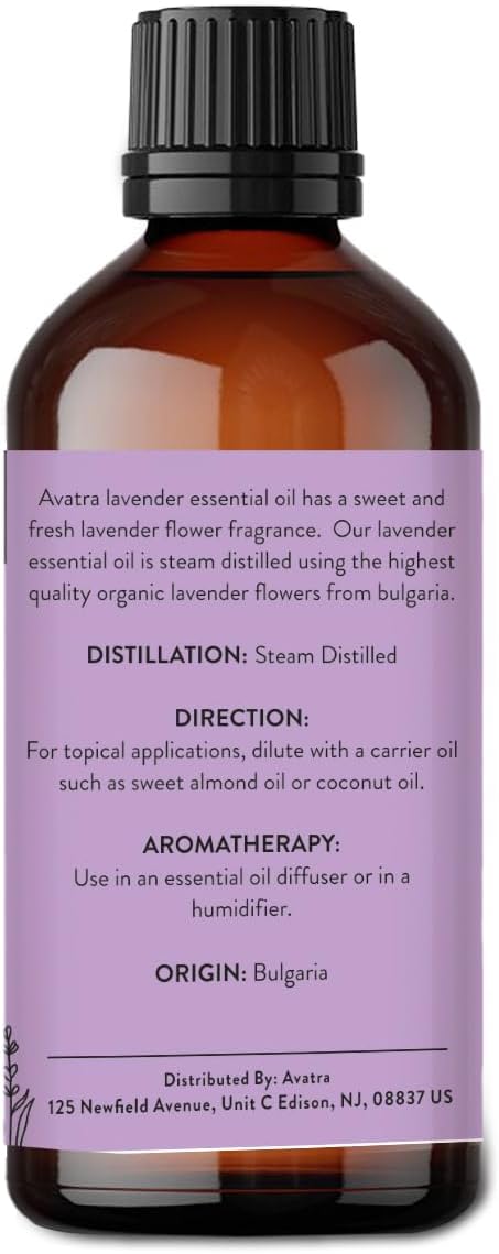 Avatra Lavender Essential Oil 100ML (3.38 OZ) with Glass Dropper and Travel Bottle, Pure and Natural Therapeutic Grade Lavender Oil for Diffuser, Aromatherapy, Massage, and DIY Candle Products