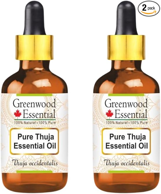 Greenwood Essential Thuja Essential Oil (Thuja occidentalis) with Two Glass Droppers Steam Distilled (Pack of Two) 10ml X 2 (0.66 oz)