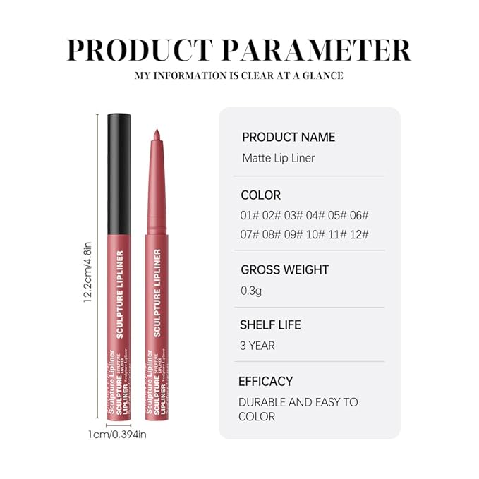 12 Colors Matte Lip Liner Pencil – Long Lasting Waterproof Lip Liner, Smudge Proof Transfer Proof Lip Pencil, High Pigment Lip Makeup for Defining & Filling Lips (05#, 1PCS)