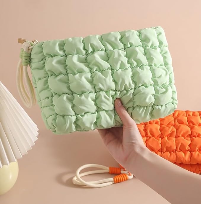 DOB SECHS Puffer Quilted Makeup Bag with Handle Detachable Cute Puffy Cotton Cosmetic Bag for Women, Small Toiletry Zipper Make Up Pouch, Checkered Quilt Clutch Bag Travel Storage Pouches Case, Green